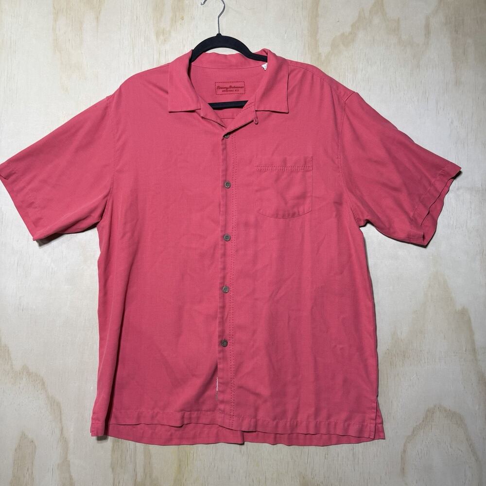 Tommy Bahama Silk Blend Camp Shirt Pink Button Up Pocket Mens Large